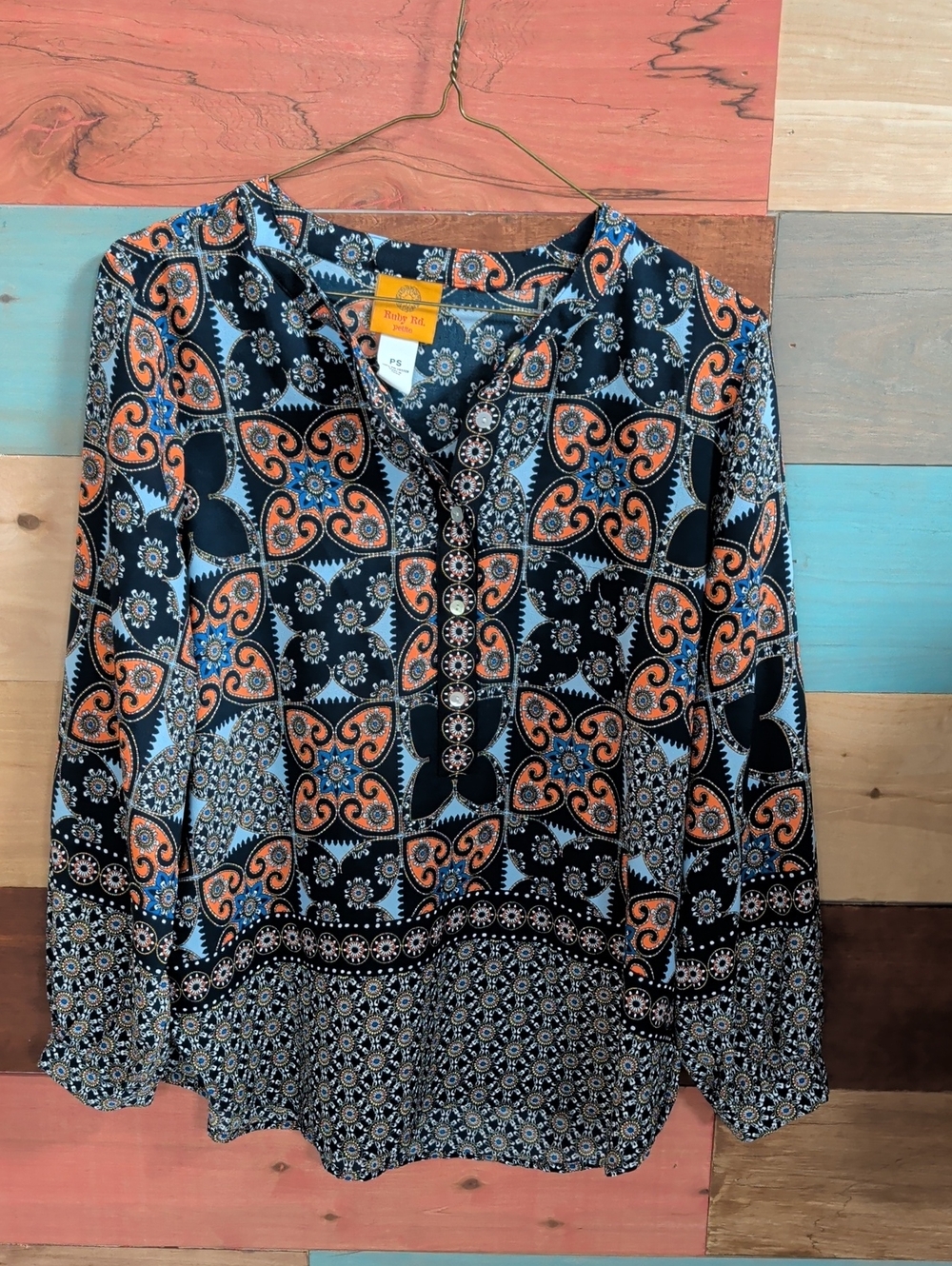 Ruby Rd. Black Tunic with Orange & Light Blue Medallion Print